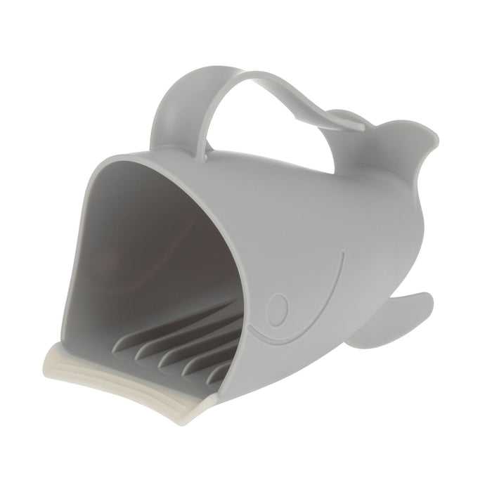 The Nuby 3-in-1 Bath Essentials Set features a gray whale rinse pail with a handle, smiling face, wide mouth with white edge, and inner slots—perfect for storing bath toys and adding adorable style to your bath routine.