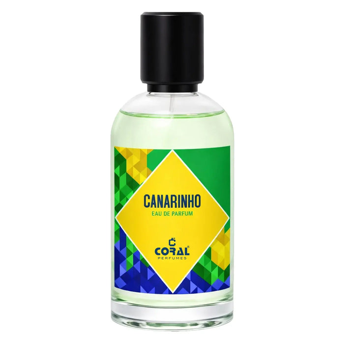 Coral Canarinho EDP for Men by Bin Kamal Perfumes, 100ml bottle with vibrant orange design and spray nozzle.