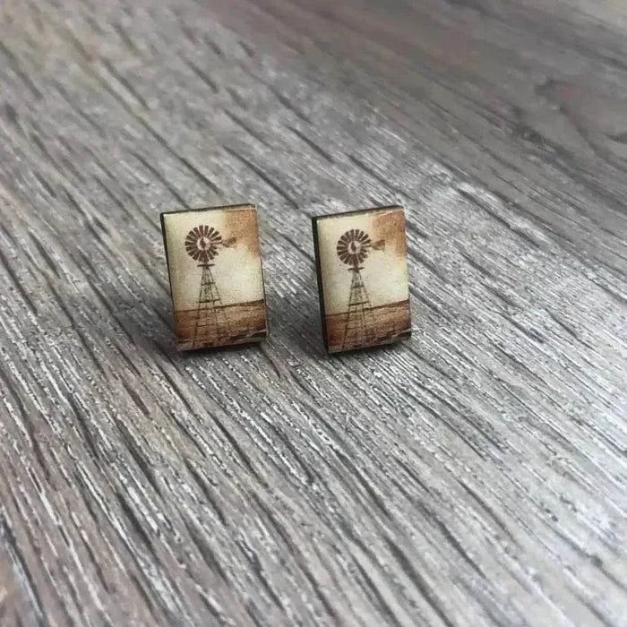 Earrings windmill design brown and beige 15mm x 5mm sold in pairs