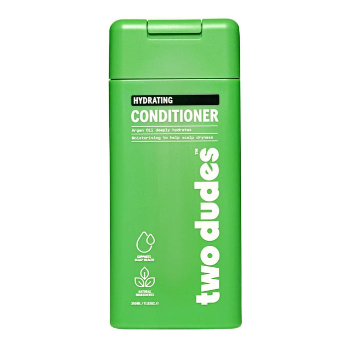 Green bottle of 'two dudes' hydrating conditioner on a white background
