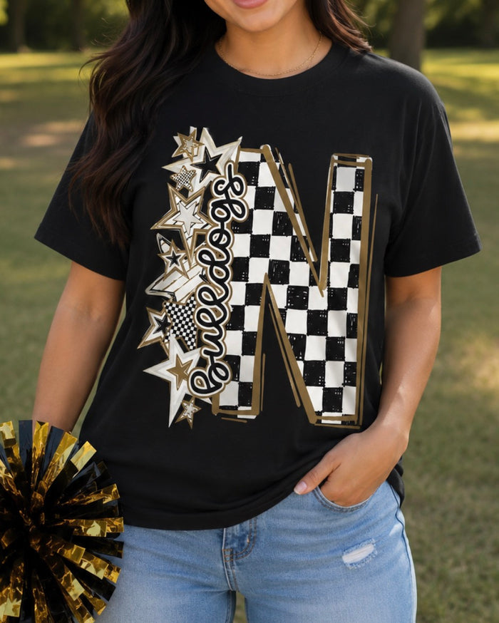 Nederland Bulldogs Checkered Letter Bella Canvas Tee - YOUTH & ADULT