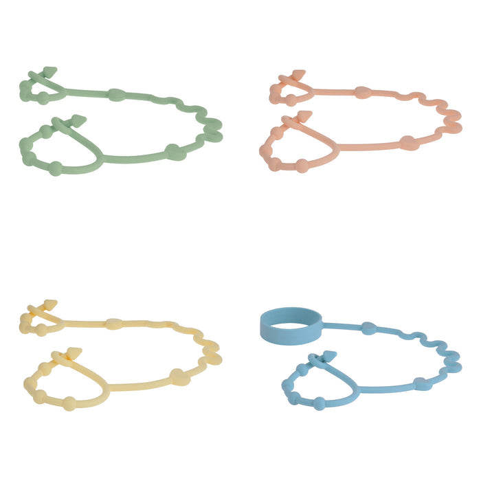 The Nuby Pacifier & Bottle Bungee Set (4 Pack) features four colorful silicone rings in green, pink, yellow, and blue—perfect for adding a playful touch or pairing with a pacifier clip for extra style.