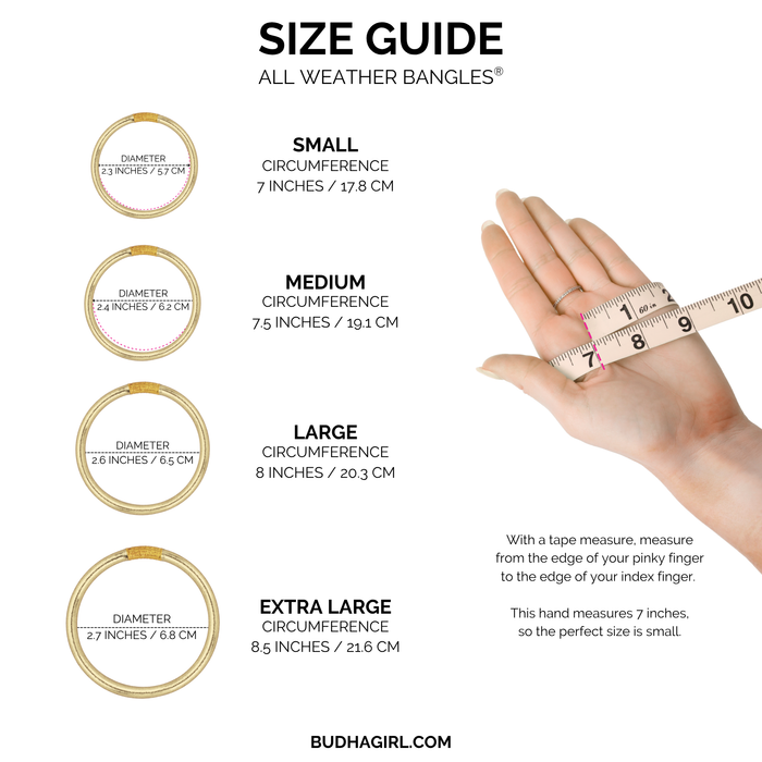 Size guide for All Weather Bangles® showing measurements for small, medium, large, and extra large options.