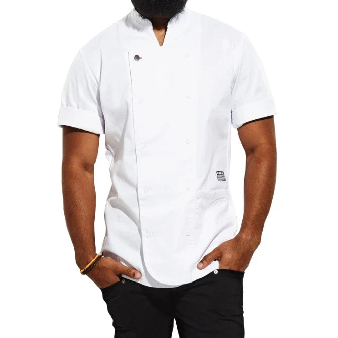White Short Sleeve Tilit Men's Chef Coat shot on white silo background.