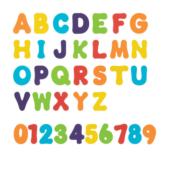 Nuby Bath Letters and Numbers Set features foam A-Z letters and 0-9 numbers in bright colors like yellow, blue, green, orange, red, and purple. The pieces are shown arranged in rows on a white background.