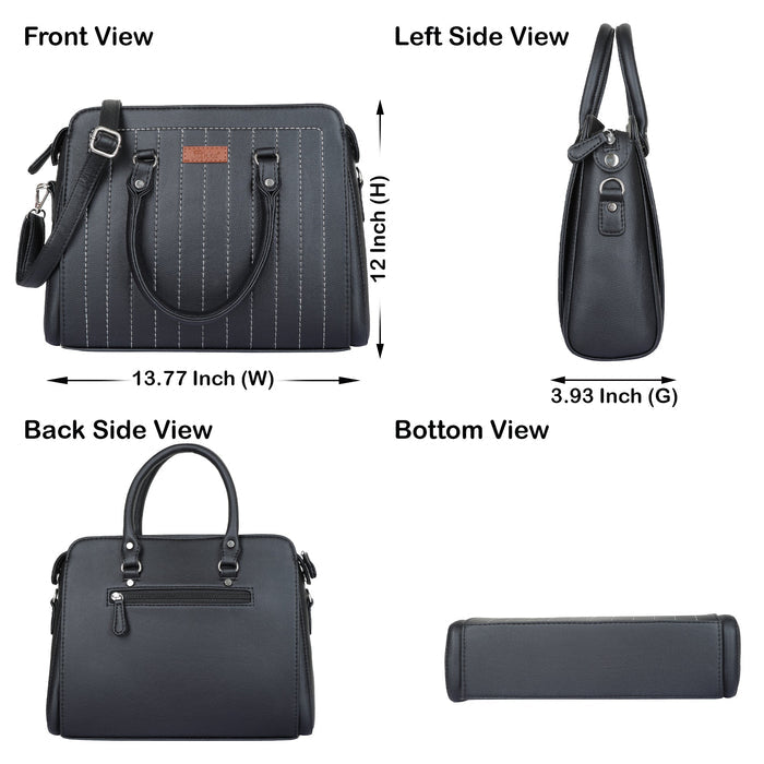 Women’s black structured vegan leather top handle satchel shoulder handbag-infograohic image