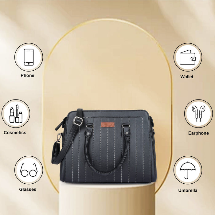 Women’s black structured vegan leather top handle satchel shoulder handbag-feature image