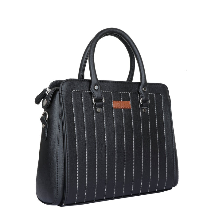 Women’s black structured vegan leather top handle satchel shoulder handbag-half side view