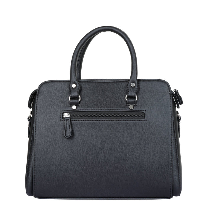 Women’s black structured vegan leather top handle satchel shoulder handbag-back image