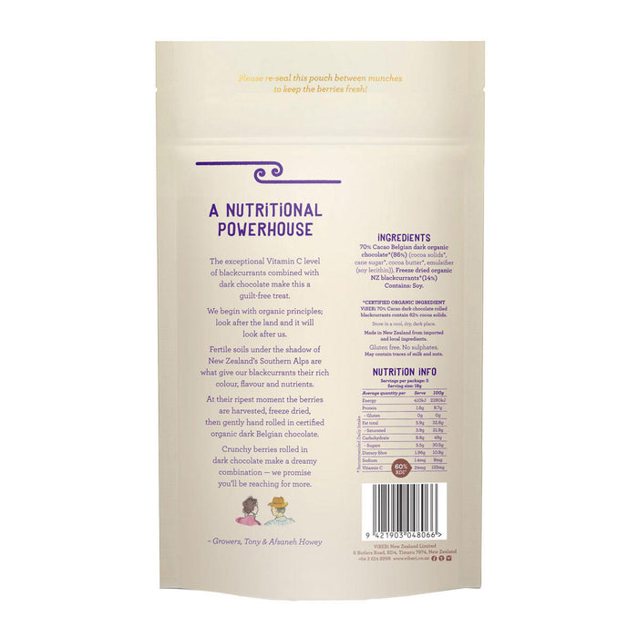 Back of Viberi Cacao packaging with nutritional information and ingredients listed.
