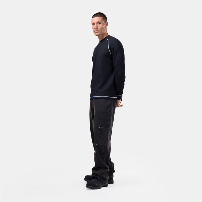 Contrast Stitch Waffle Long Sleeve T-Shirt | Black