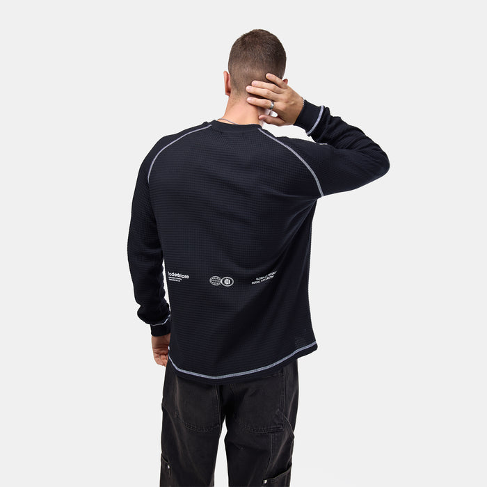 Contrast Stitch Waffle Long Sleeve T-Shirt | Black