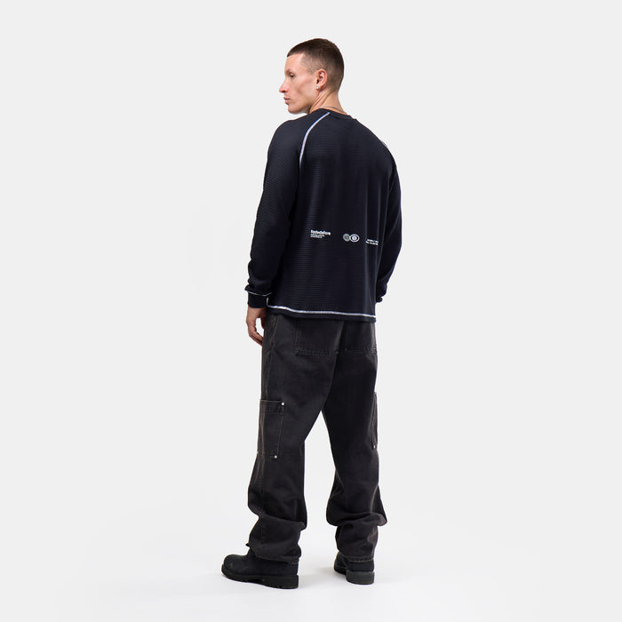 Contrast Stitch Waffle Long Sleeve T-Shirt | Black