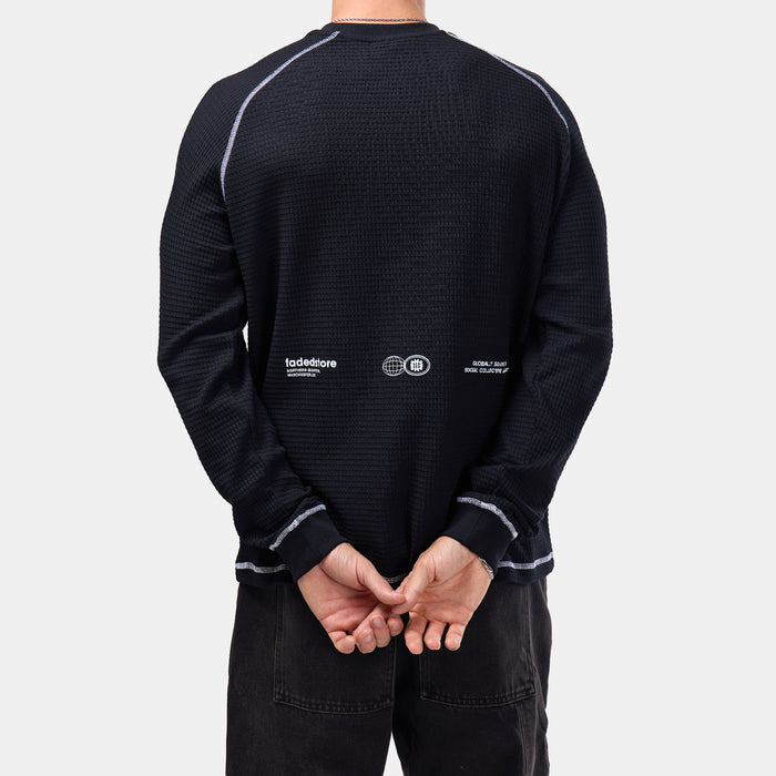 Contrast Stitch Waffle Long Sleeve T-Shirt | Black