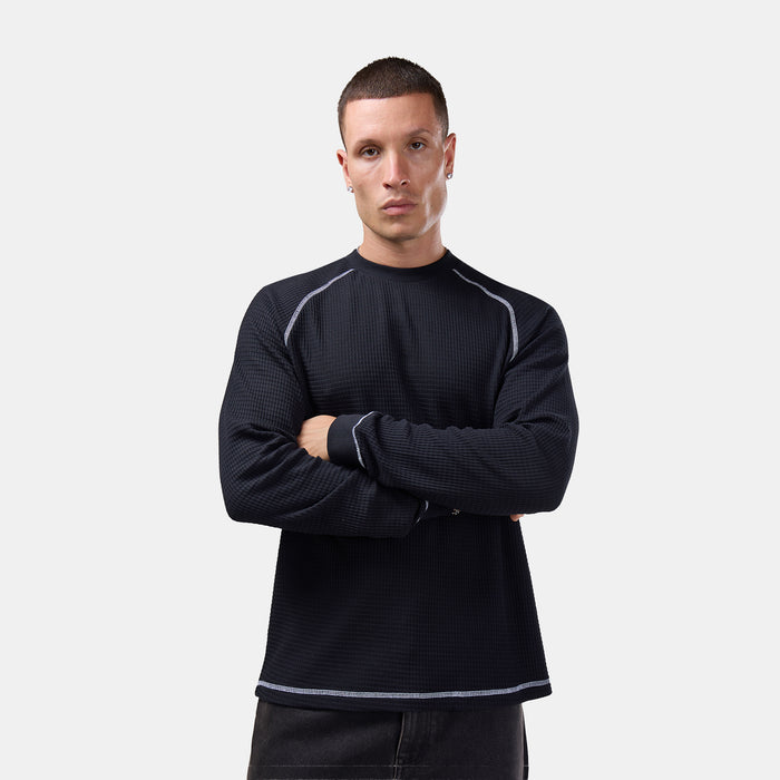 Contrast Stitch Waffle Long Sleeve T-Shirt | Black