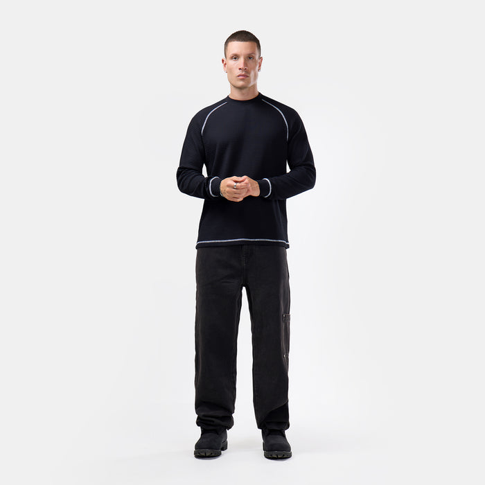 Contrast Stitch Waffle Long Sleeve T-Shirt | Black