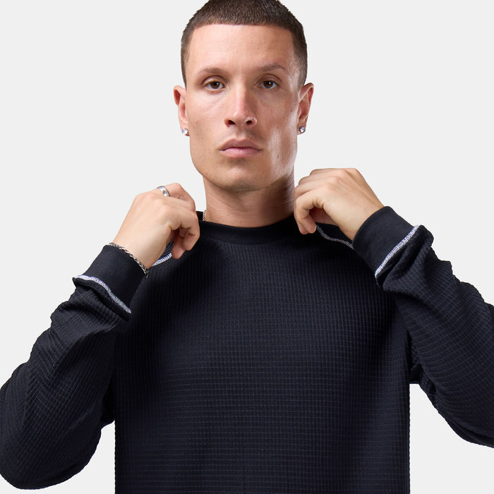 Contrast Stitch Waffle Long Sleeve T-Shirt | Black