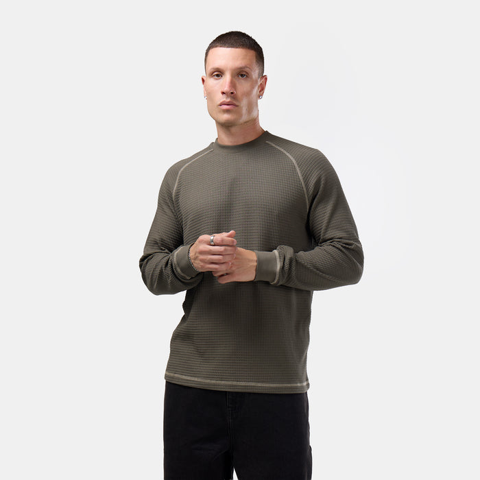 Contrast Stitch Waffle Long Sleeve T-Shirt | Olive