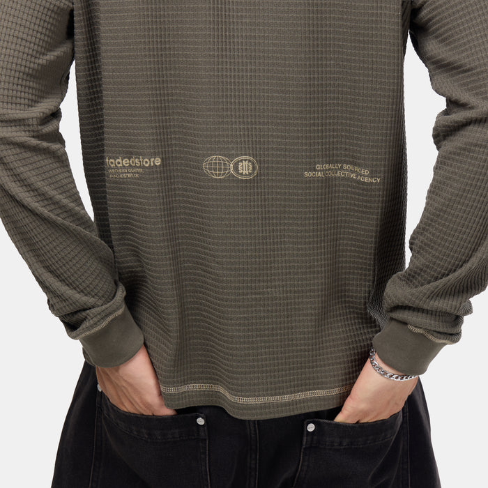 Contrast Stitch Waffle Long Sleeve T-Shirt | Olive