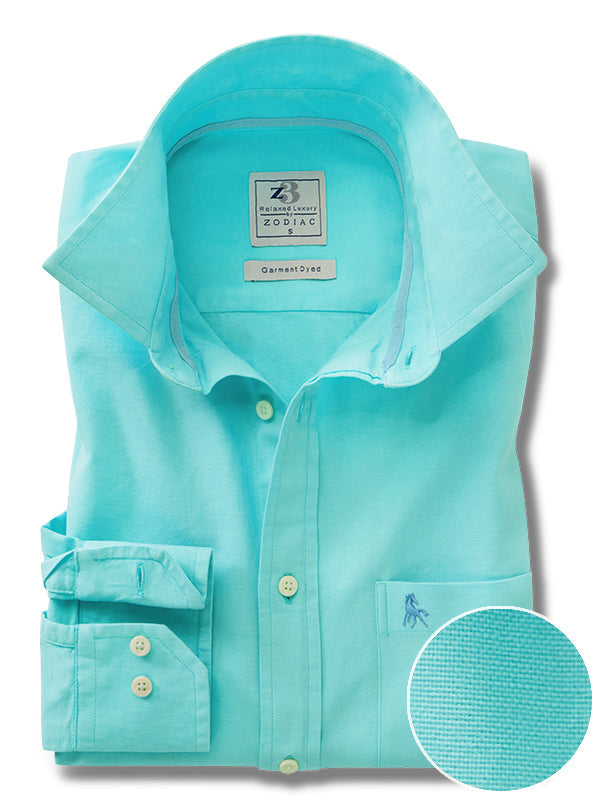 Diaz Oxford Garment Dyed Jade Solid Full Sleeve Tailored Fit Casual Cotton Shirt