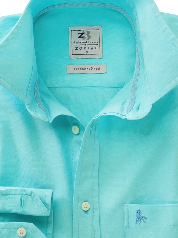 Diaz Oxford Garment Dyed Jade Solid Full Sleeve Tailored Fit Casual Cotton Shirt