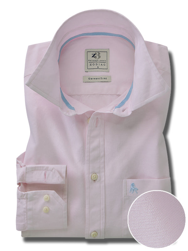 Diaz Oxford Garment Dyed Pink Solid Full Sleeve Tailored Fit Casual Cotton Shirt