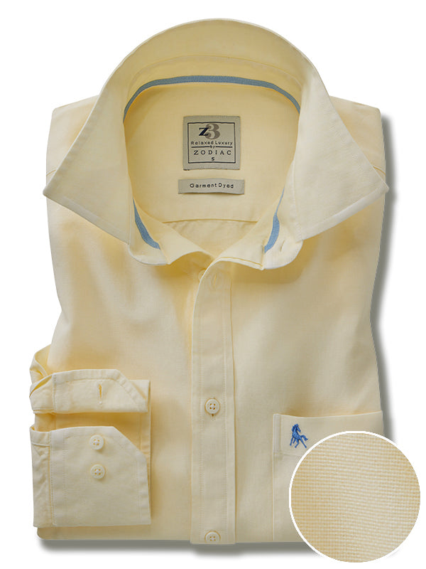 Diaz Oxford Garment Dyed Yellow Solid Full Sleeve Tailored Fit Casual Cotton Shirt