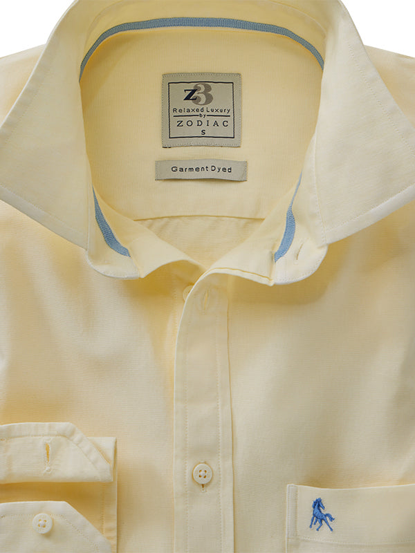 Diaz Oxford Garment Dyed Yellow Solid Full Sleeve Tailored Fit Casual Cotton Shirt