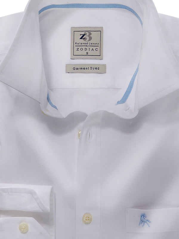 Enzo Twill Garment Dyed White Solid Full Sleeve Tailored Fit Casual Cotton Shirt