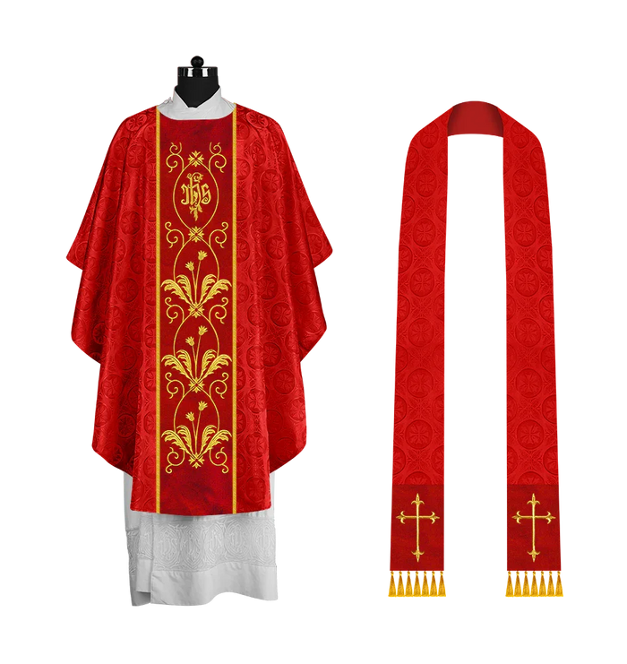 Gothic Chasuble with Elegant Embroidered Orphrey and IHS motif