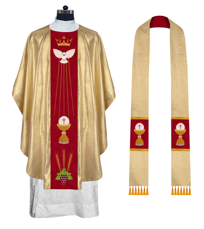 Intricate Gothic Chasuble Highlighting Crown, Holy Spirit and Grapes