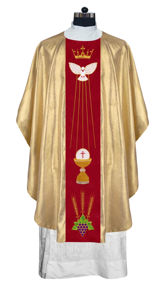 Intricate Gothic Chasuble Highlighting Crown, Holy Spirit and Grapes