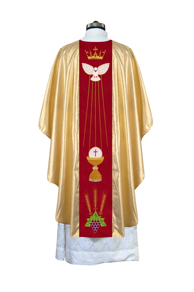 Intricate Gothic Chasuble Highlighting Crown, Holy Spirit and Grapes