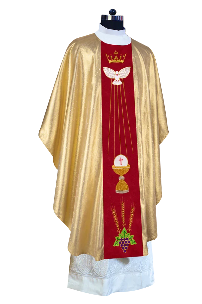 Intricate Gothic Chasuble Highlighting Crown, Holy Spirit and Grapes