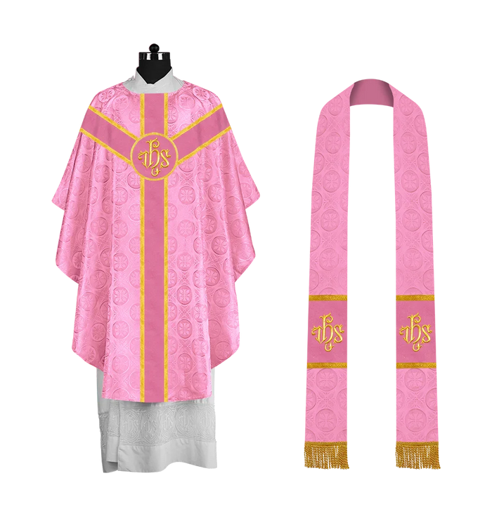 Liturgical Gothic Chasuble with Embroidered Motif and Plain Orphrey