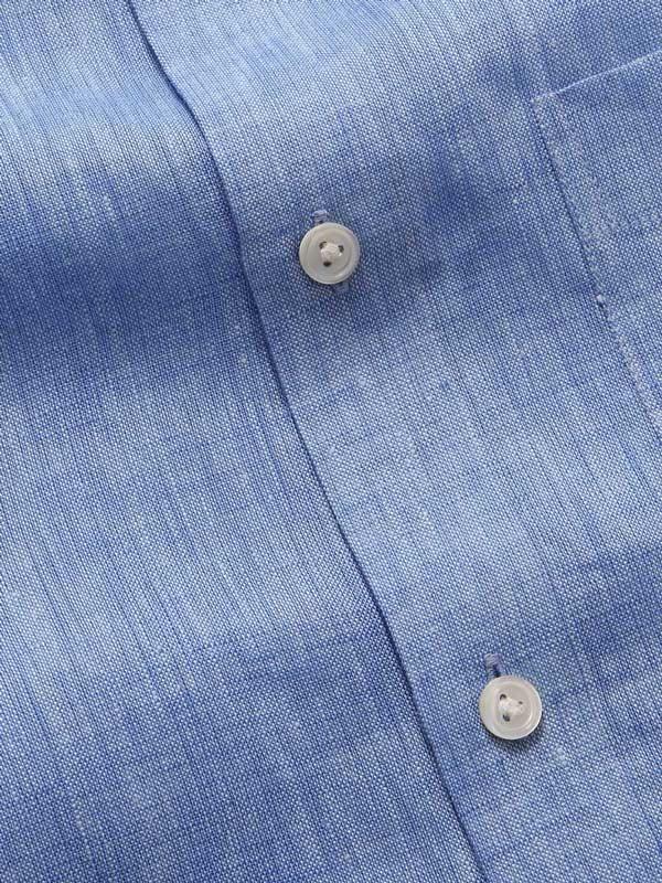 Positano Blue Solid Half Sleeve Tailored Fit Semi Formal European Flax Linen Shirt
