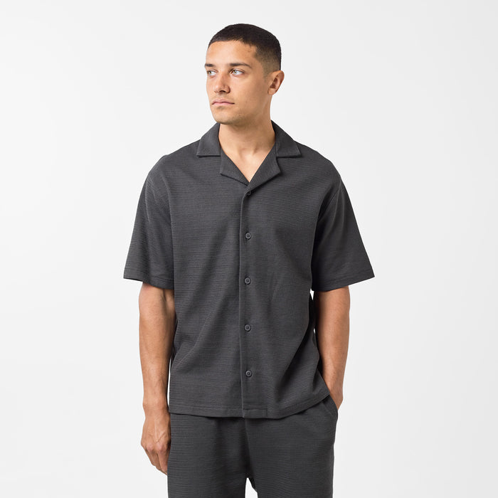 Men's  Black Short Sleeve Tonal Knitted Shirt  FadedStore Front View