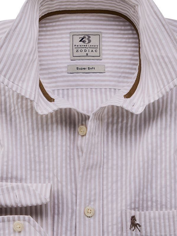 Yamal Seersucker Sand Striped Full Sleeve Tailored Fit Casual Cotton Shirt